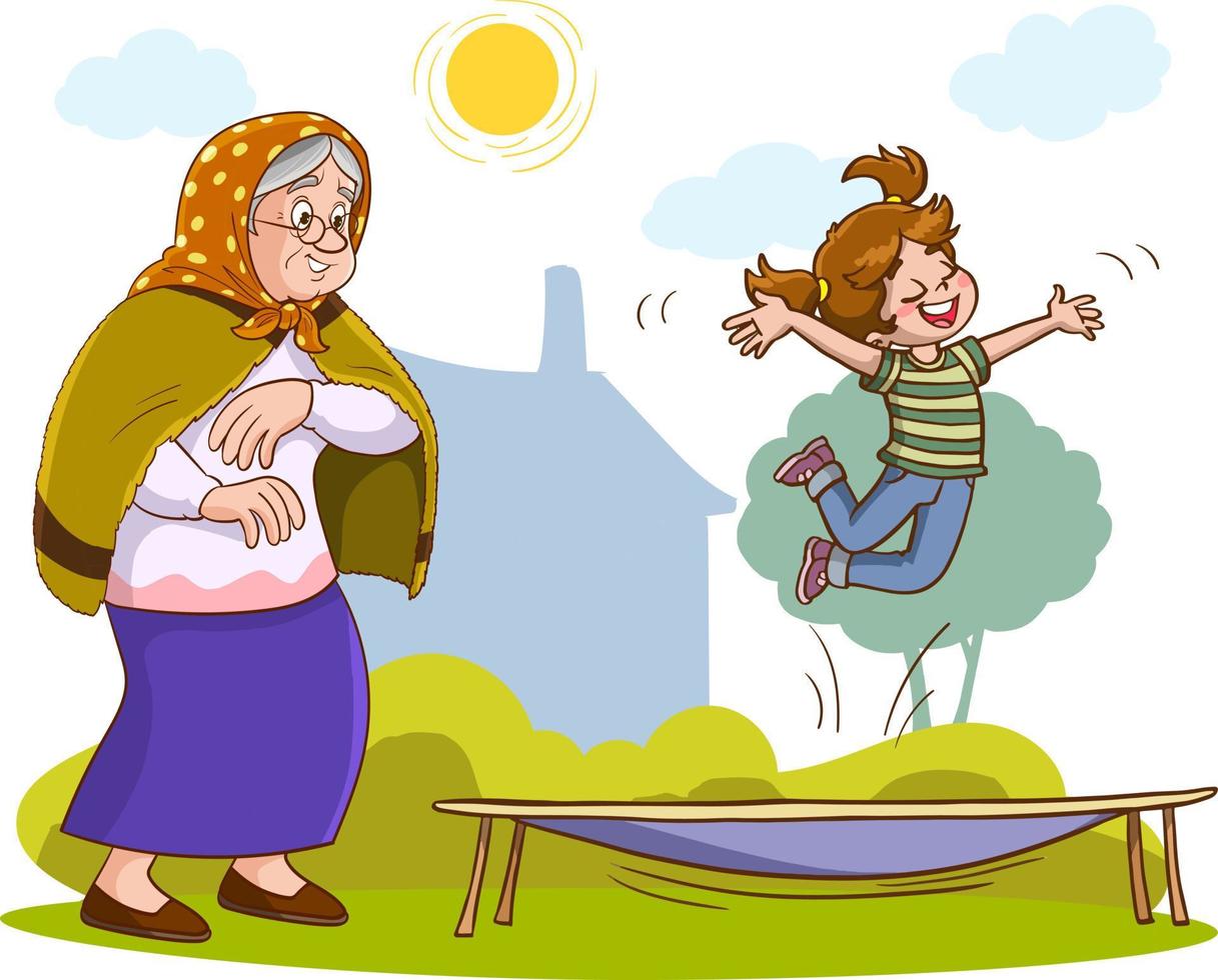 kleinkind jumping Aan de trampoline en zijn grootmoeder aan het kijken hem vector