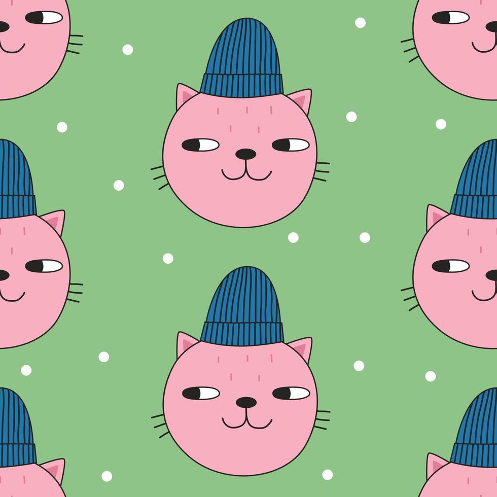 naadloos patroon met schattig roze kat in winter hoed. vector illustratie