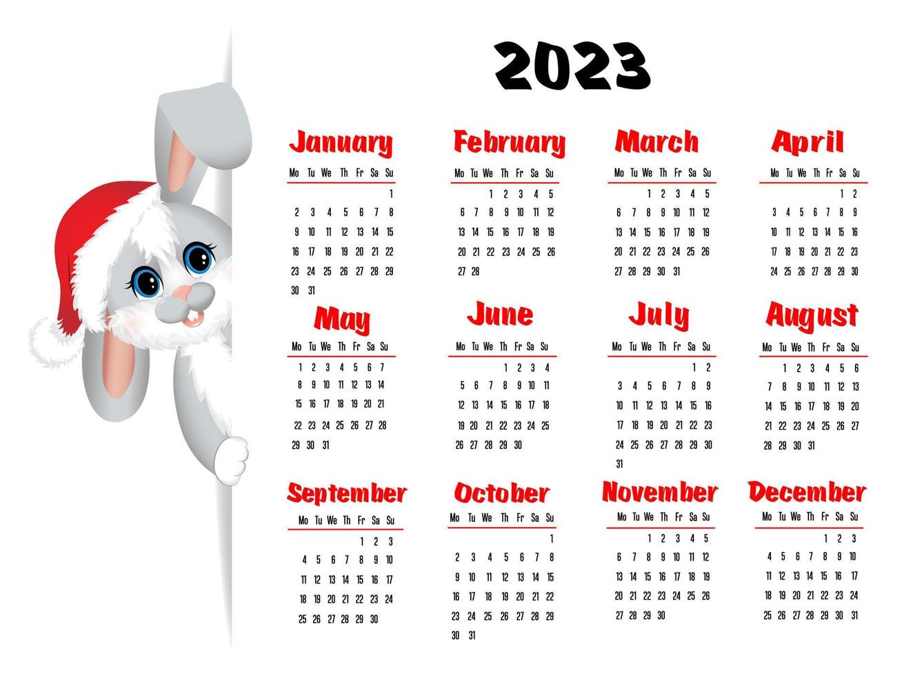 kalender 2023 met symbool van de jaar haas of konijn. schattig weinig haas of konijn zittend in Kerstmis hoed. week begint Aan maandag. vector