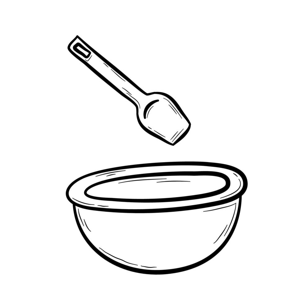 hand- getrokken keuken spatel en schaal. Koken hulpmiddelen, keuken gereedschap voor voorbereidingen treffen voedsel, bakken. vlak vector illustratie in tekening stijl.