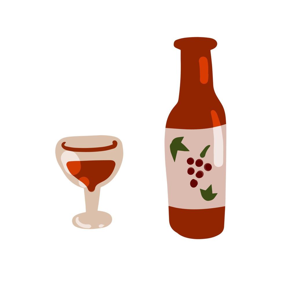 fles van wijn en schot glas. druif rood alcohol. verslaving en drankje. tekening tekenfilm illustratie vector