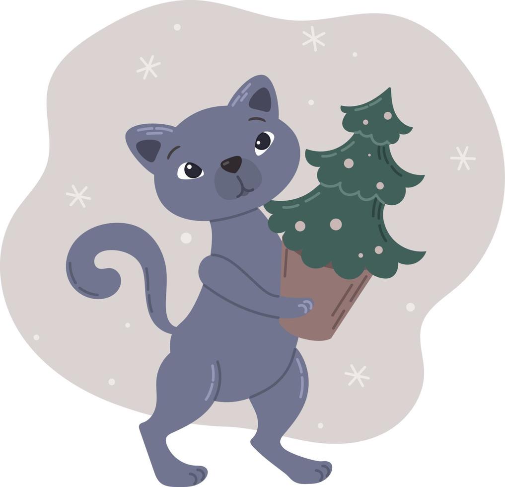 Brits grijs kat draagt een Kerstmis boom, Kerstmis kaart, vector illustratie