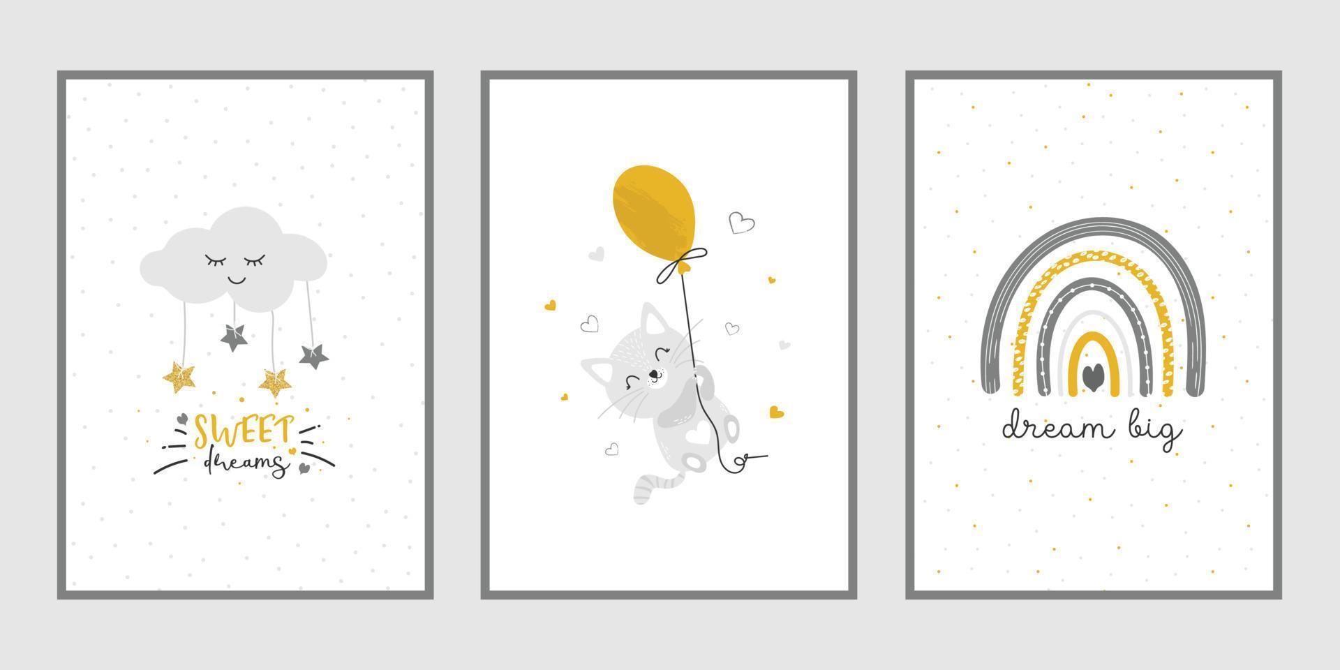 een reeks van kinderkamer posters met een schattig wolk, een katje Aan een ballon en een regenboog met de woorden zoet dromen, droom groot. baby illustratie, vector
