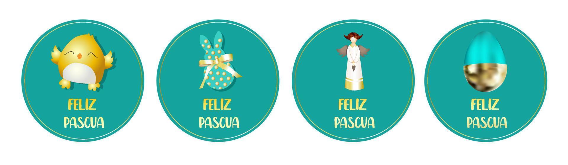 Pasen stickers. ronde insignes. kip, engel, konijn konijn. voorjaar ontwerp. vertaling van Spaans gelukkig Pasen vector