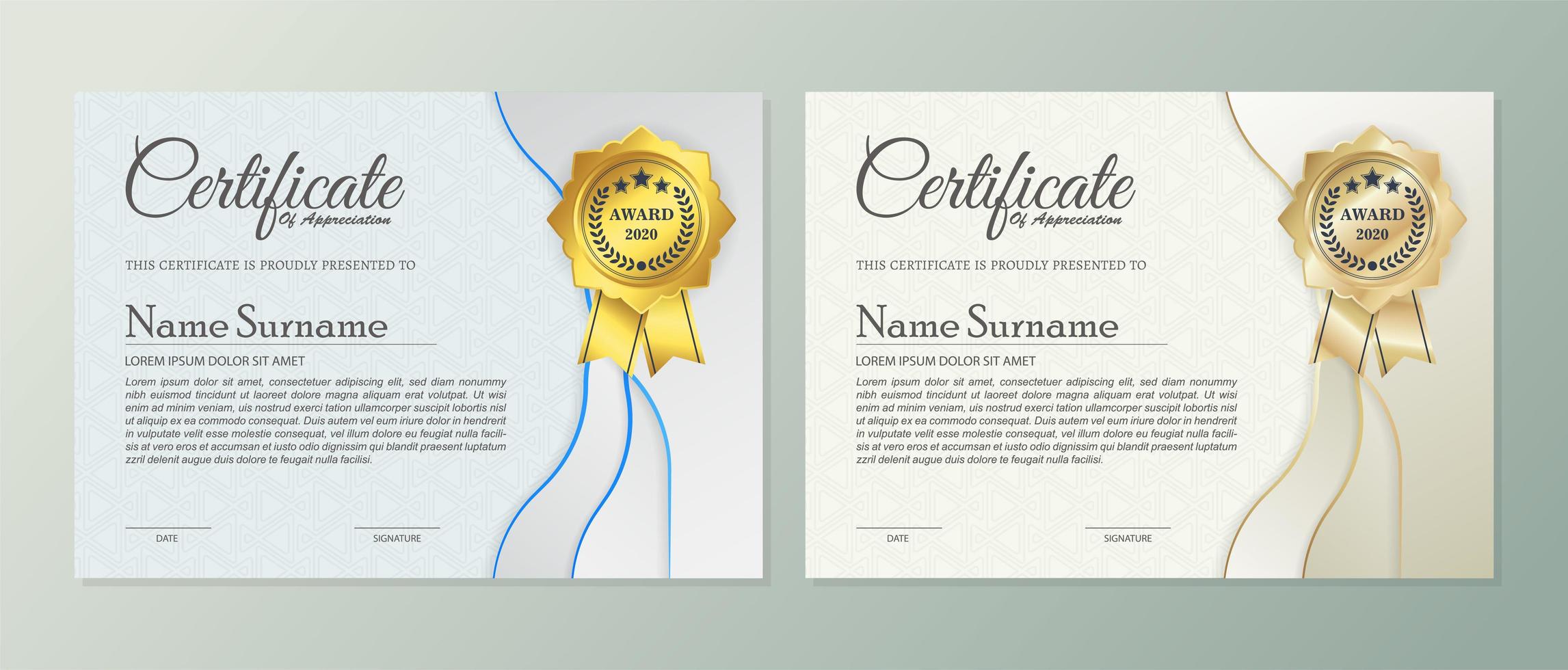 professionele beige en blauwe certificaatsjablonen vector