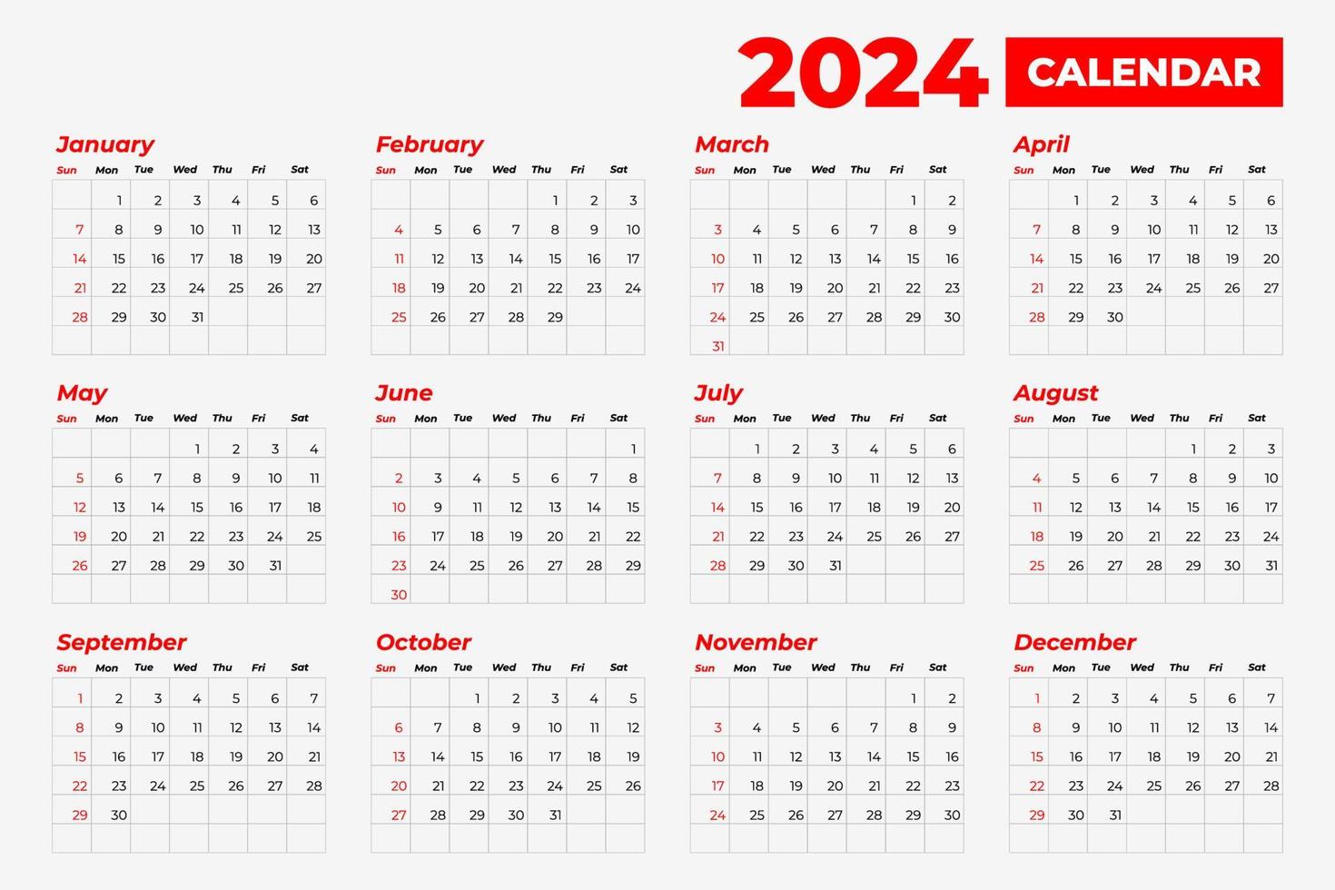 2024 kalender sjabloon, bewerkbare vector