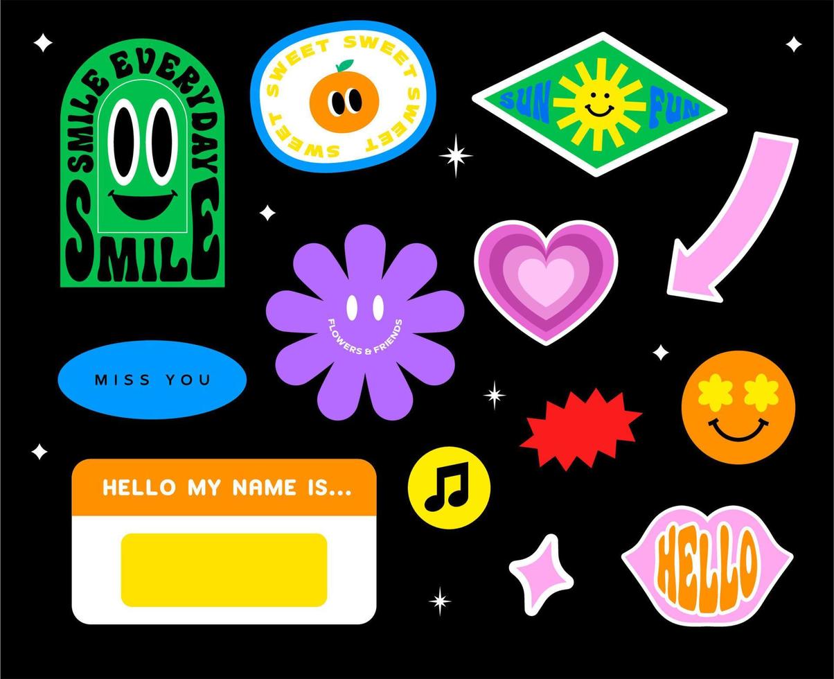 funky, hipster opnieuw magnetron stickers in meetkundig vormen van y2k , 90s grafisch ontwerp badges vector