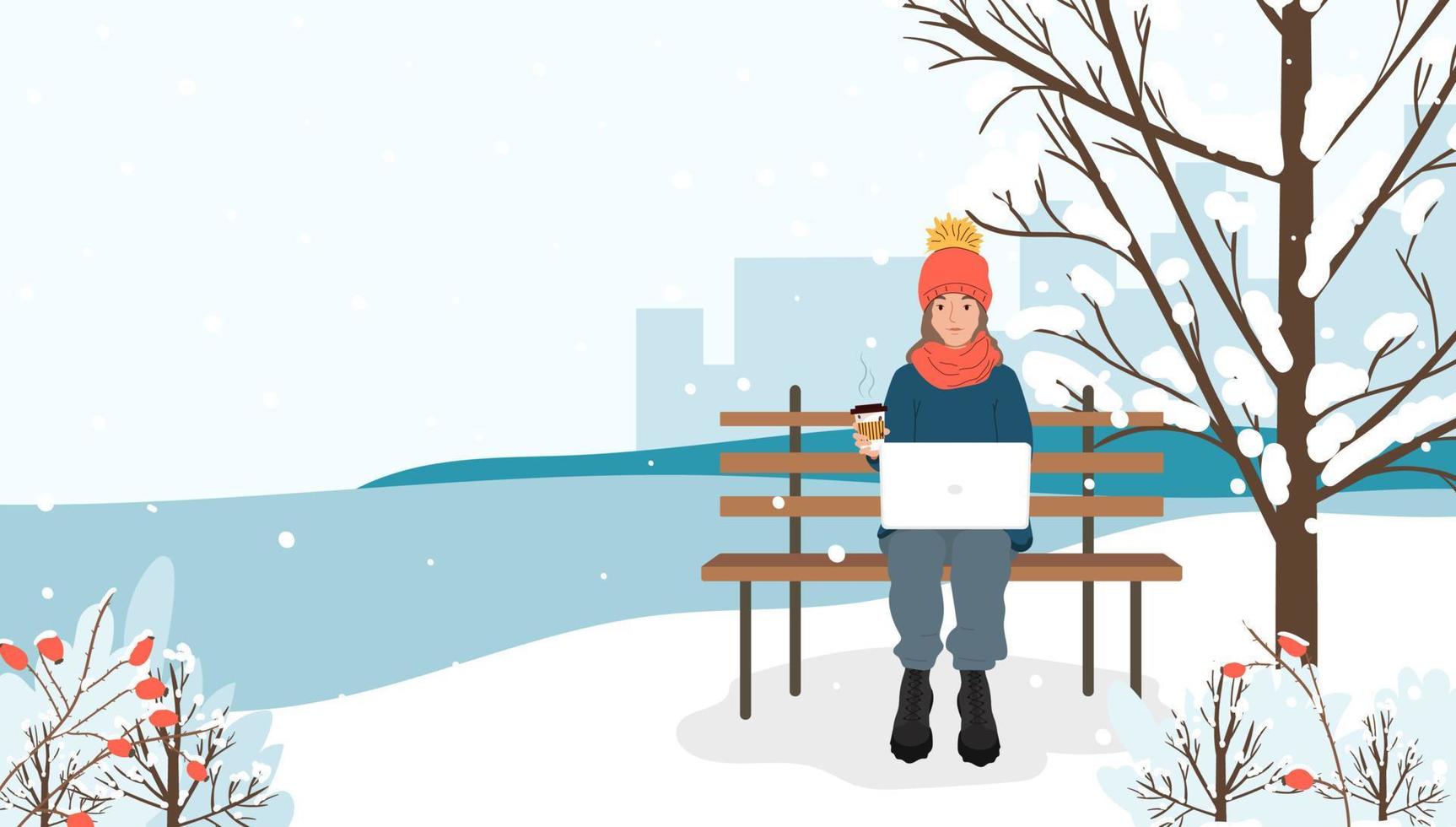 jong meisje zittend Aan een bank in een winter stad park met koffie en een laptop. concept van afgelegen werk, freelancen of aan het studeren online. vlak vector illustratie