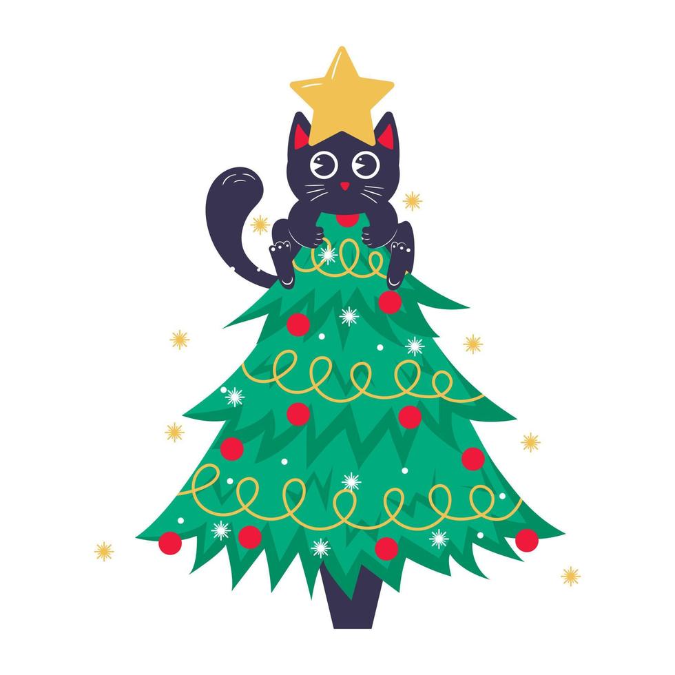 Kerstmis kaart, banier of poster sjabloon met Kerstmis boom en schattig zwart kat zittend Aan top vector