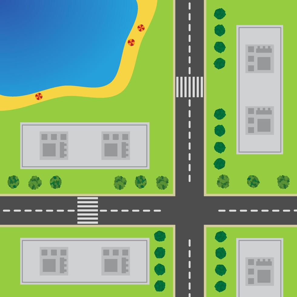 plan van stad. top visie van de stad met de weg, kruispunt, hoogbouw gebouwen, bomen, struiken en de strand. vector