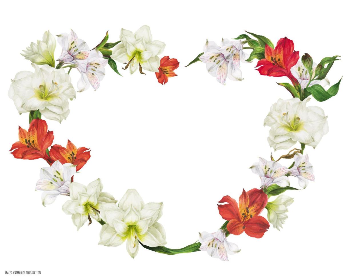 romantische bruids hartvormige krans met witte en rode bloemen vector