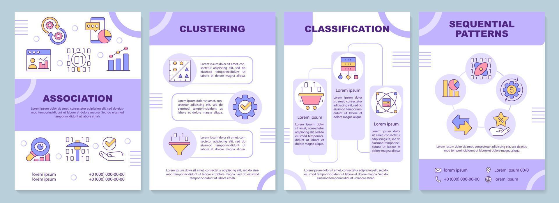 gegevens mijnbouw technieken Purper brochure sjabloon. machine aan het leren. brochure ontwerp met lineair pictogrammen. 4 vector indelingen voor presentatie, jaar- rapporten.