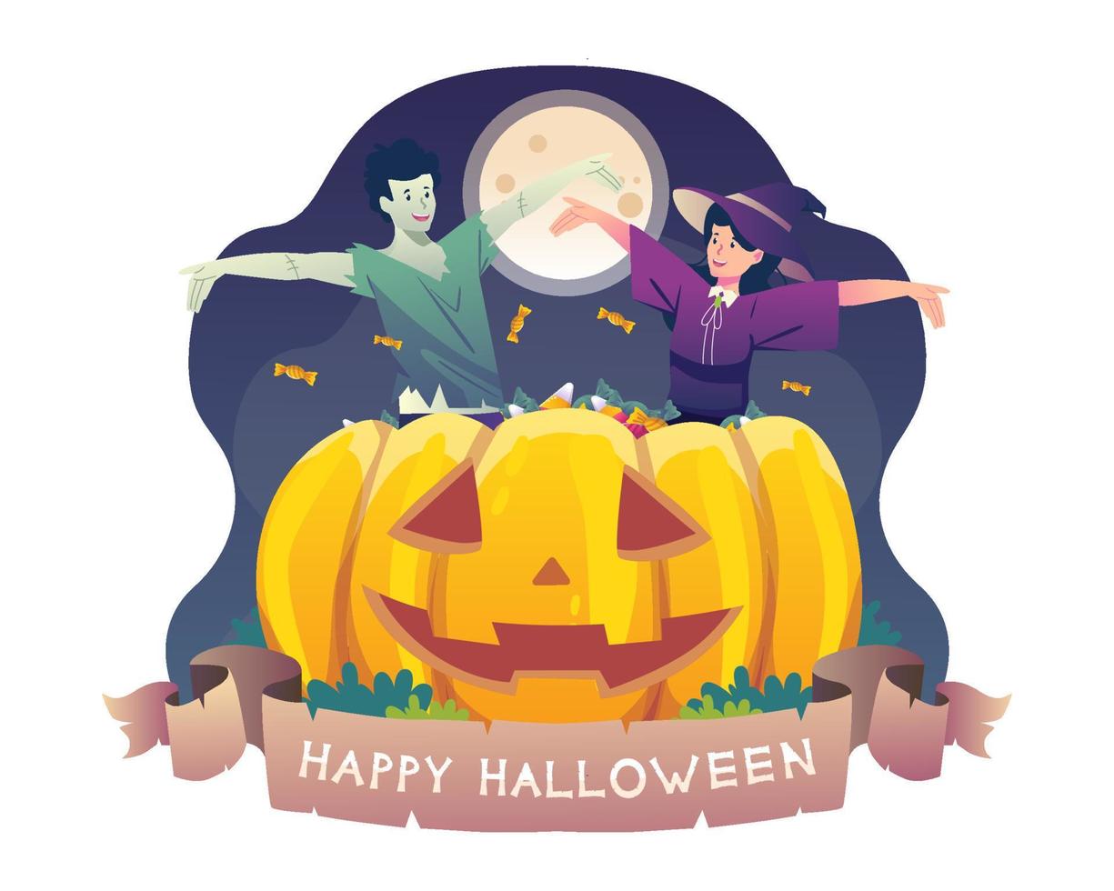 gelukkig halloween met een jongen en meisje in kostuum vieren halloween in een reusachtig pompoen met snoepjes. vector illustratie in vlak stijl