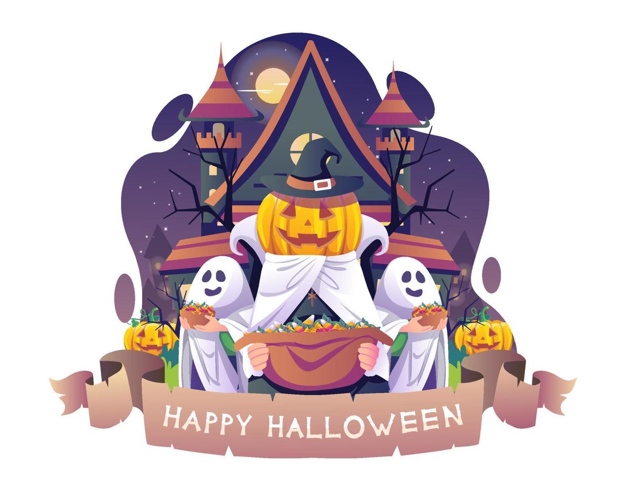 mensen in geest kostuums en pompoen hoofden met emmers vol van snoep zijn vieren halloween nacht in een voorkant oud kasteel. vector illustratie in vlak stijl