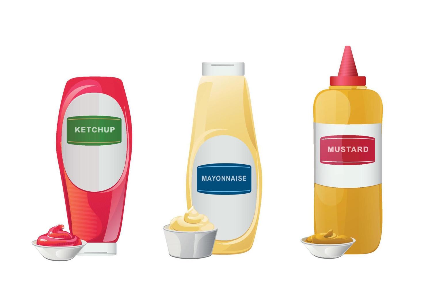 ketchup, mayonaise, mosterd sauzen set. realistisch vector illustratie geïsoleerd Aan wit achtergrond.