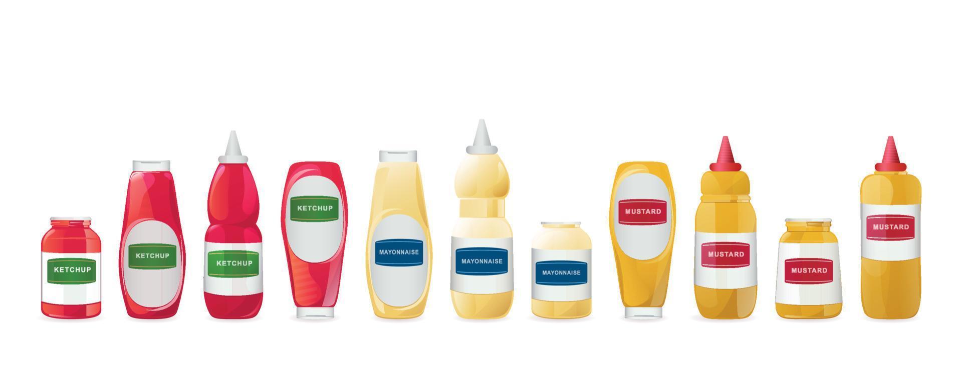 ketchup, mayonaise, mosterd sauzen set. realistisch vector illustratie geïsoleerd Aan wit achtergrond.