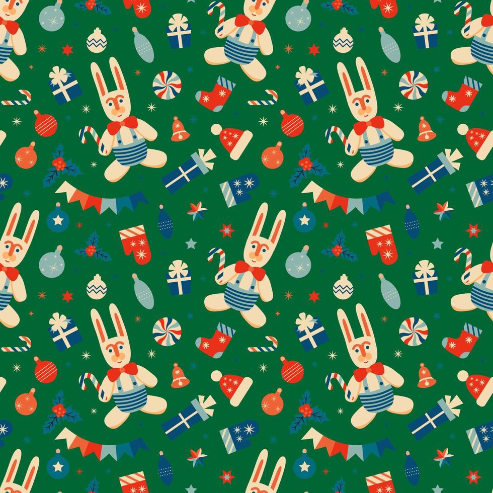 retro wijnoogst Kerstmis patroon met konijnen en Kerstmis decoraties vector