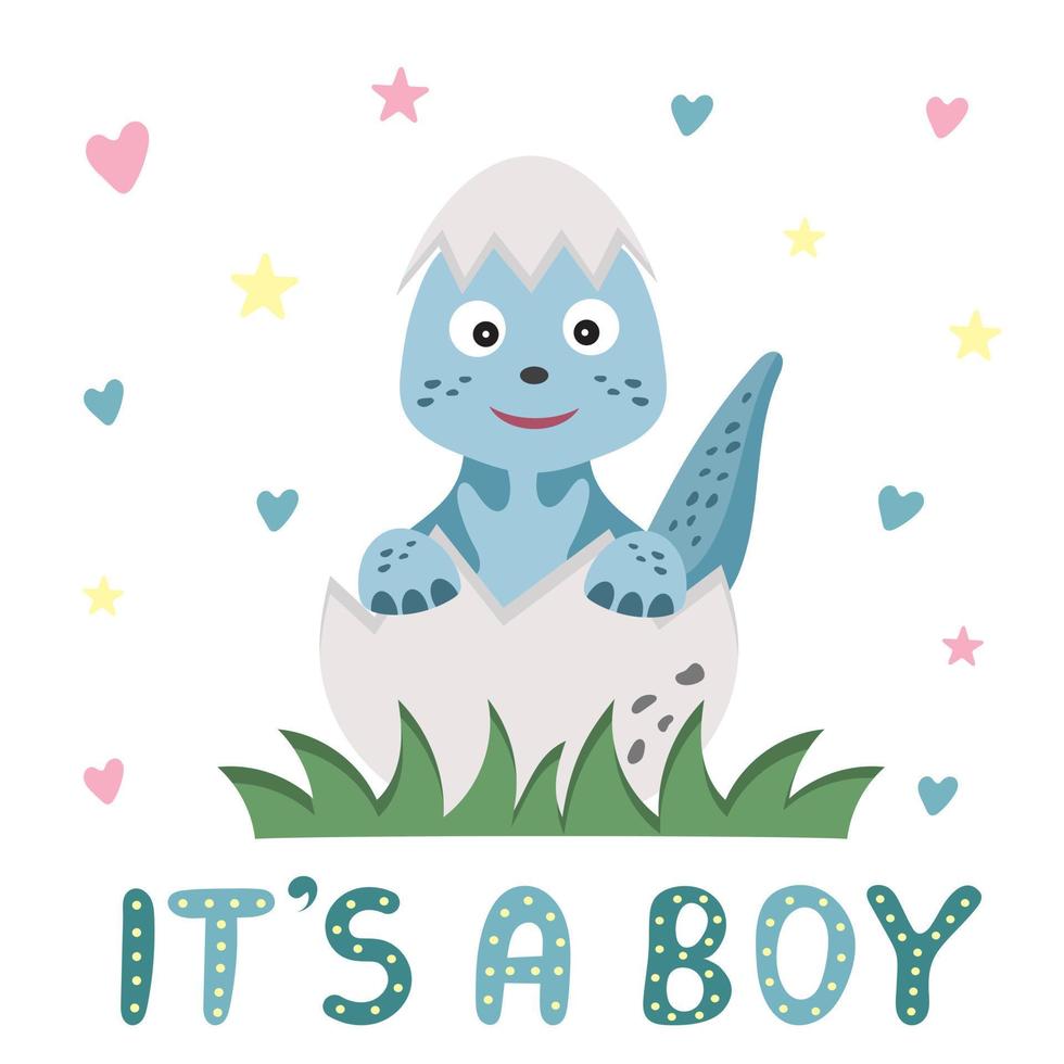 pasgeboren baby concept met schattig grappig weinig dinosaurus jongen in ei. zijn een jongen kaart in tekenfilm stijl. Hallo baby concept voor decoreren een kinderkamer, textiel, mijlpaal kaarten, baby douche uitnodiging. vector