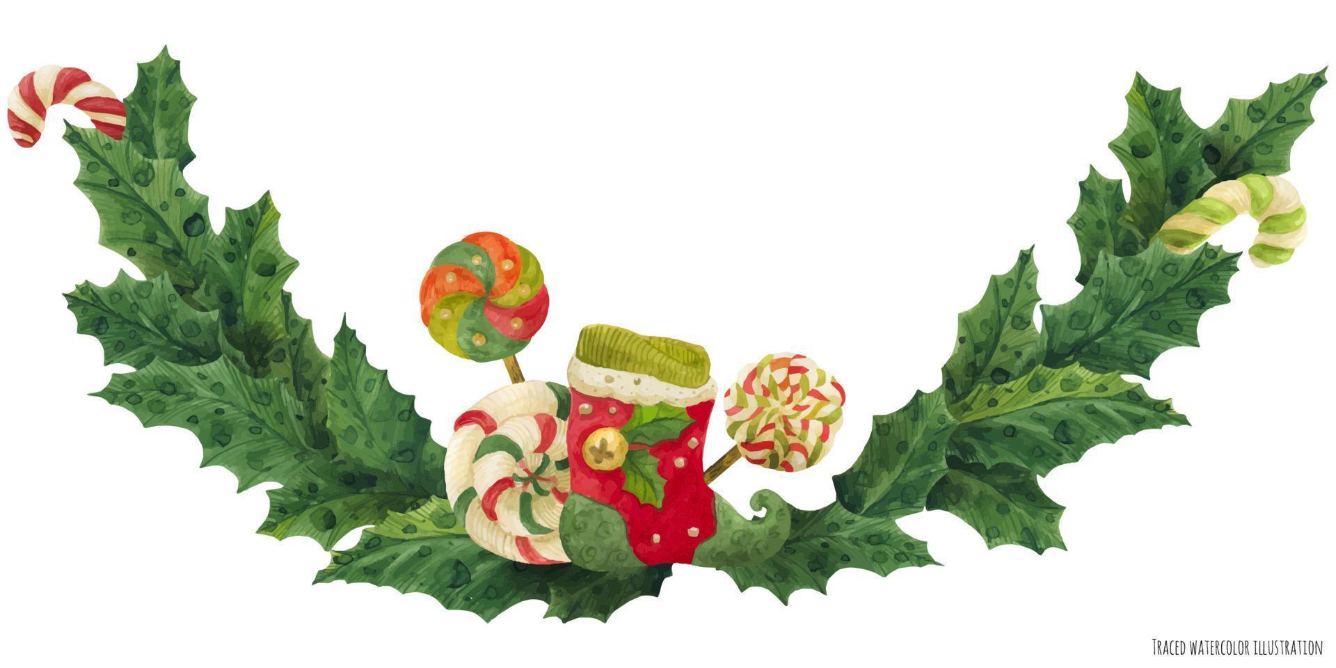 Kerstmis hulst slinger met kous en lolly, waterverf illustratie vector