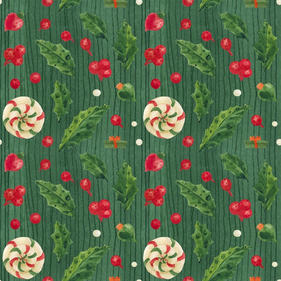 Kerstmis groen patroon met lolly en glas kerstballen, getraceerd waterverf vector