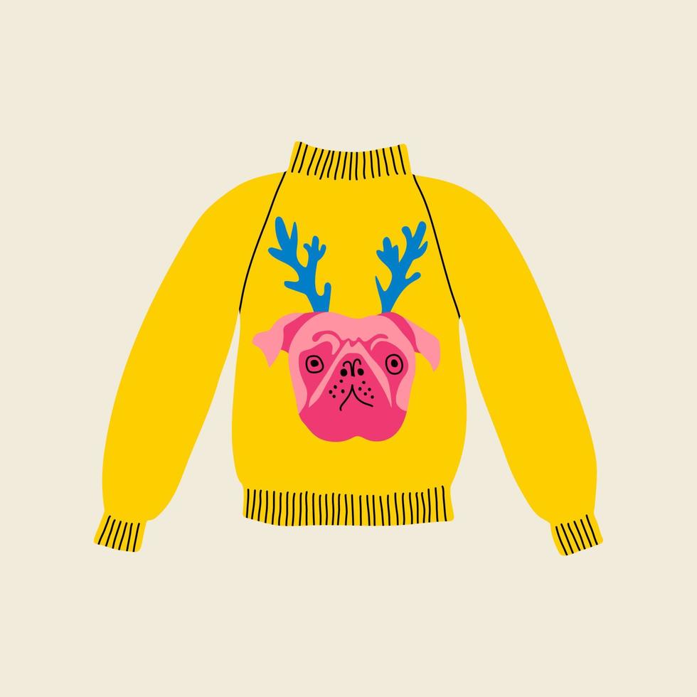 Kerstmis lelijk geel winter trui in vlak lijn modieus stijl, roze hond, bulldog met groen hoorns kostuum. hand- getrokken vakantie tekenfilm kleurrijk vector illustratie voor Kerstmis feest. warm gebreid trui.