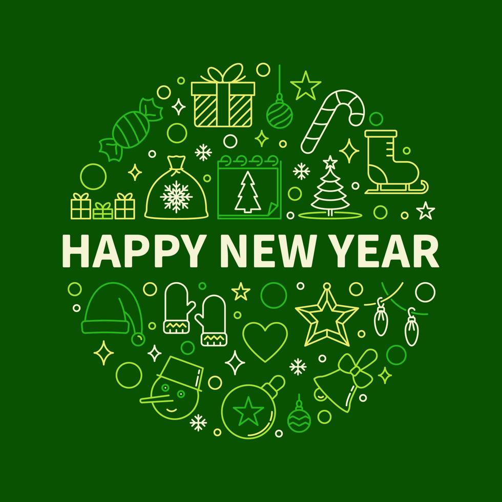 gelukkig nieuw jaar poster met ronde schets groen ontwerp vector