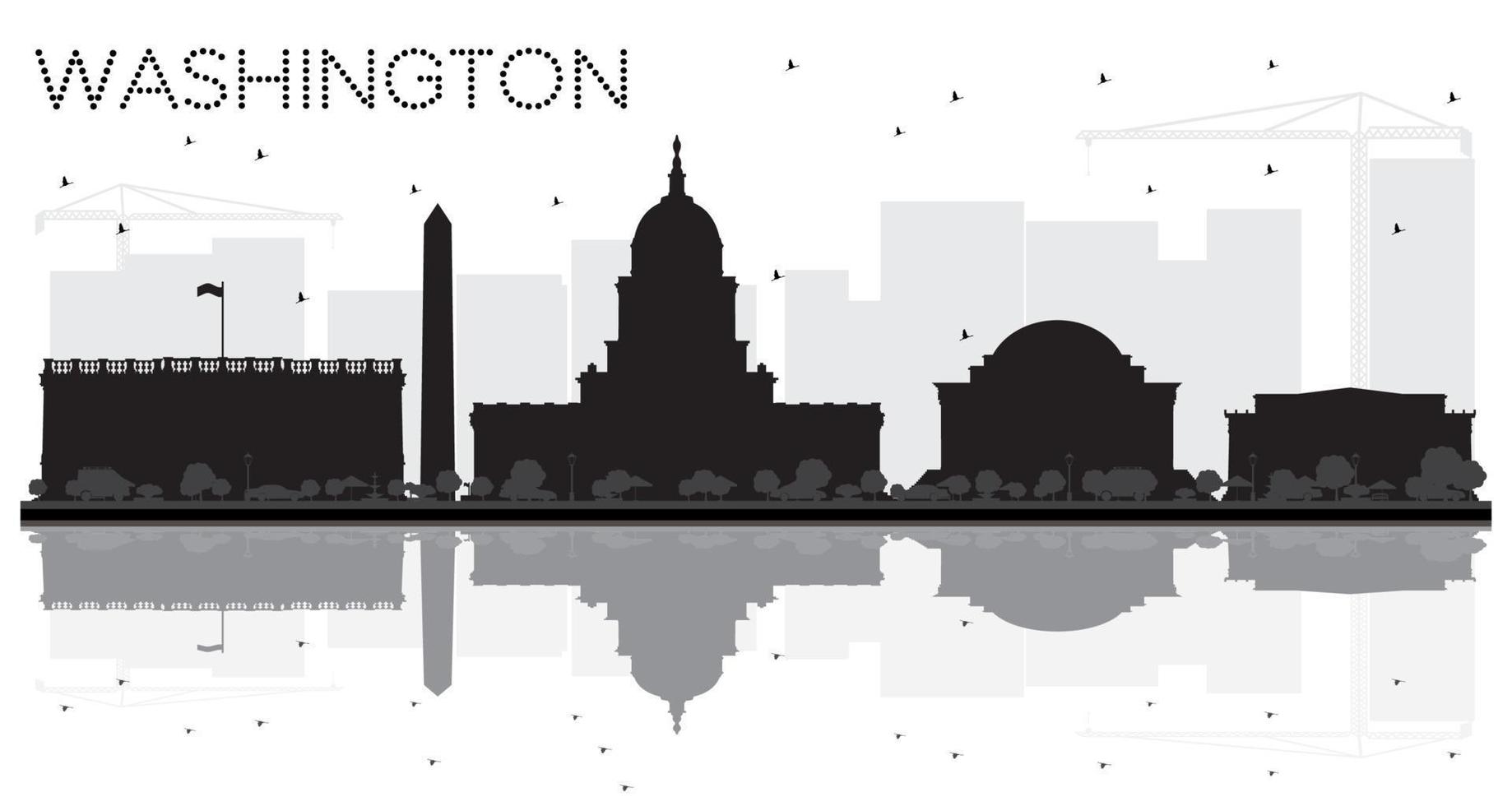 Washington dc stad horizon zwart en wit silhouet met reflecties. vector