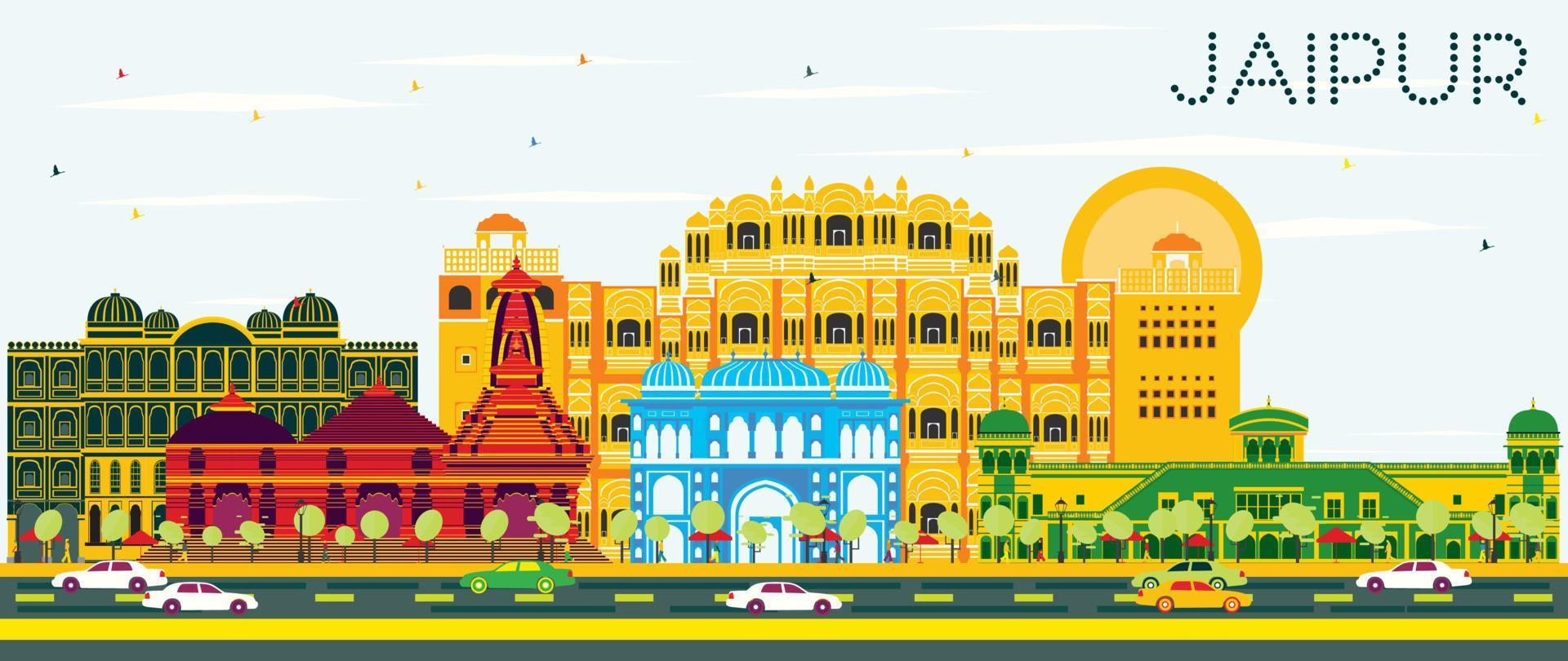 Jaipur horizon met kleur gebouwen en blauw lucht. vector