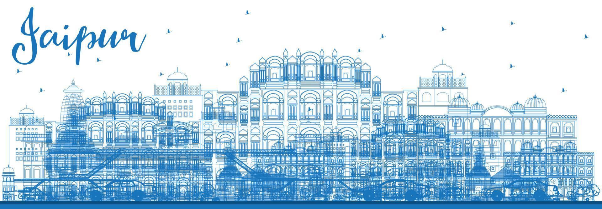 schets de skyline van jaipur met blauwe oriëntatiepunten. vector