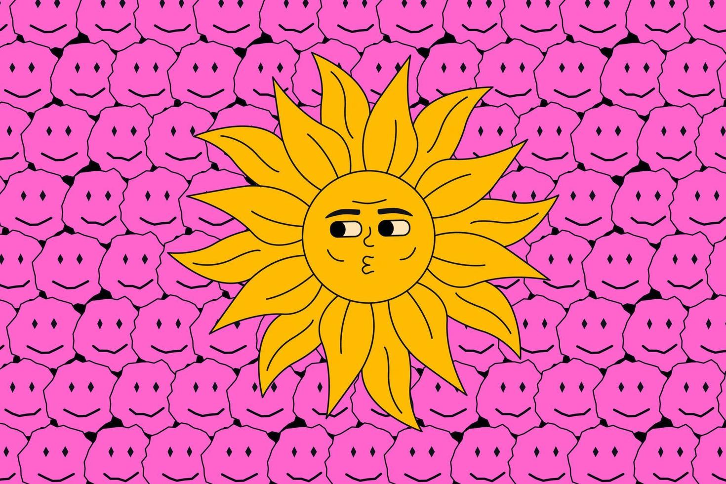zuur zon Aan de achtergrond van helder glimlachen emoji's. positief hippie afdrukken. vector