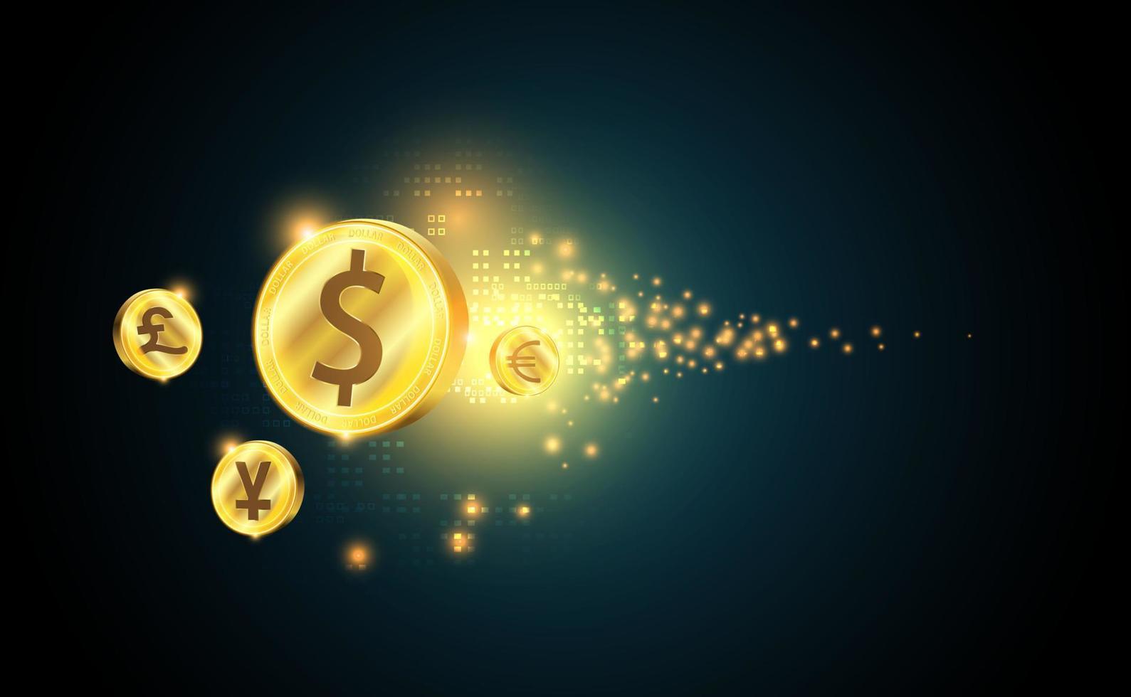 abstract financiën valuta geld uitwisseling in beweging of spelen Lucky trek spellen, digitaal financiën goud munt concept, valuta Aan een modern achtergrond. gouden gloed vector