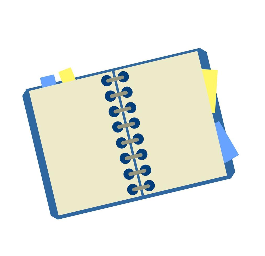 kladblok. Open notitieboekje voor schrijven. school- boek of leerboek voor aan het studeren. vlak tekenfilm vector