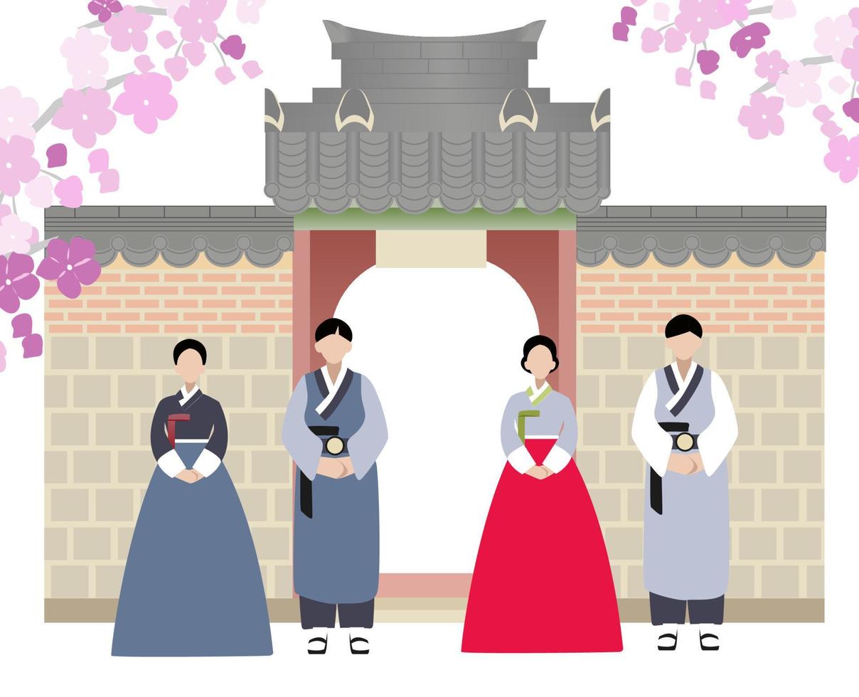 Koreaans hanbok familie. Koreaans paar vervelend traditioneel kostuums. Korea poort in vlak. traditioneel Koreaans architectuur. vector