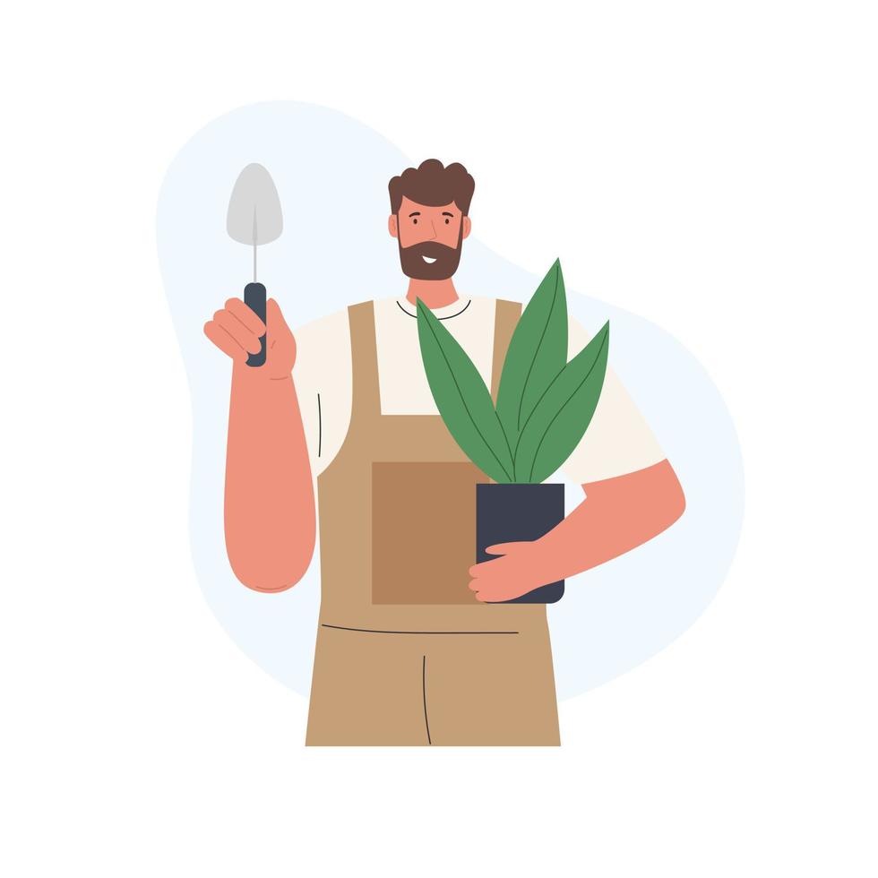 tuinman met fabriek in bloempot vector illustratie