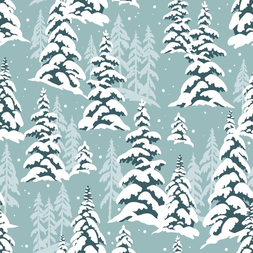 besneeuwd winter Woud met besneeuwd pijnboom bomen Aan licht blauw achtergrond. naadloos patroon. perfect voor textiel, behang of afdrukken ontwerp. vector