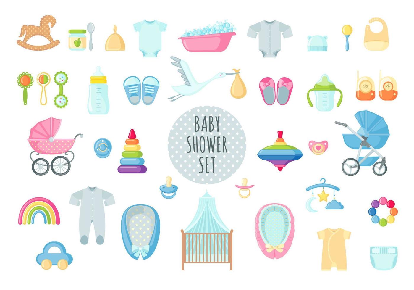 reeks van schattig baby voorwerpen speelgoed en kleren. baby douche verzameling met speelgoed en kleren. vector illustratie.