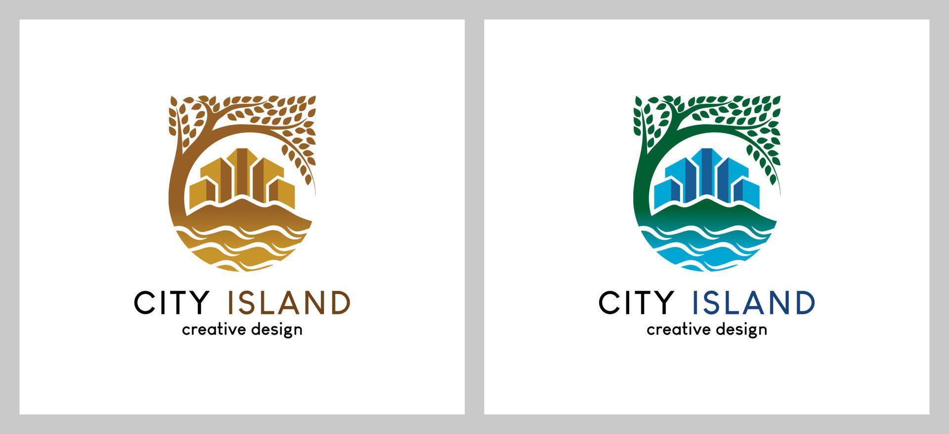 strand stad of eiland stad gebouw logo ontwerp met creatief concept vector