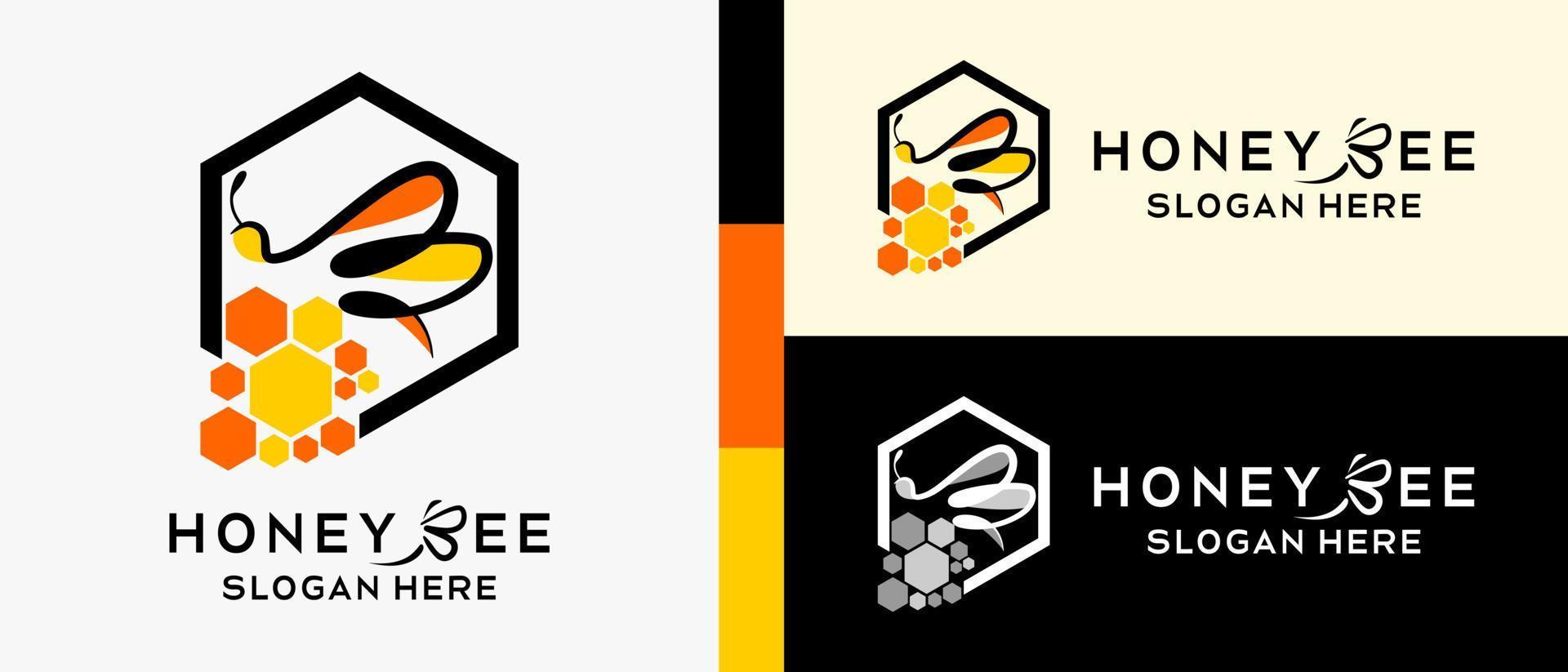 honing bij logo ontwerp sjabloon met creatief elementen concept, honingraat en bij icoon met lijn kunst concept in zeshoek. premie vector logo illustratie