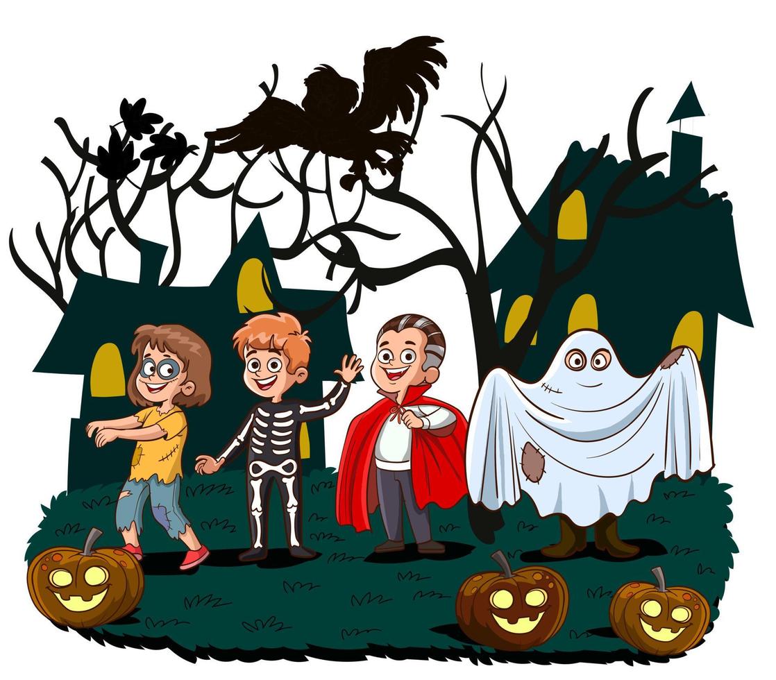 gelukkig halloween. kinderen gekleed in halloween luxe jurk naar Gaan truc of behandelen.vector illustratie. vector