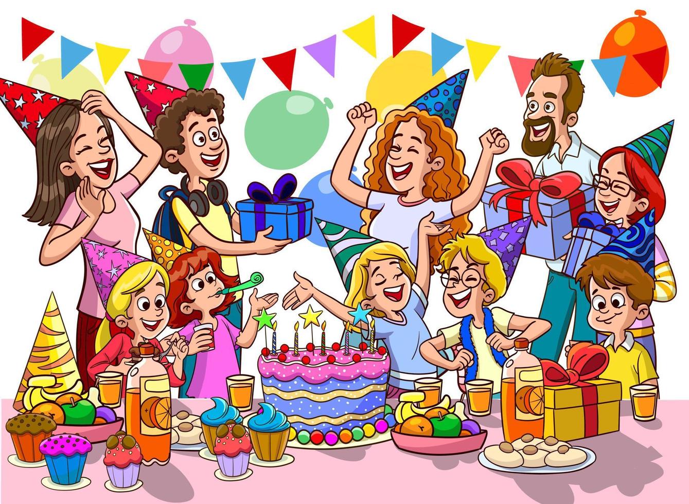 tekenfilm kinderen partij poster met groot tafel snoepgoed en cadeaus in verjaardag viering vector illustratie