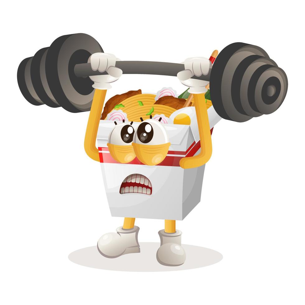 schattig ramen mascotte bodybuilding met barbell vector