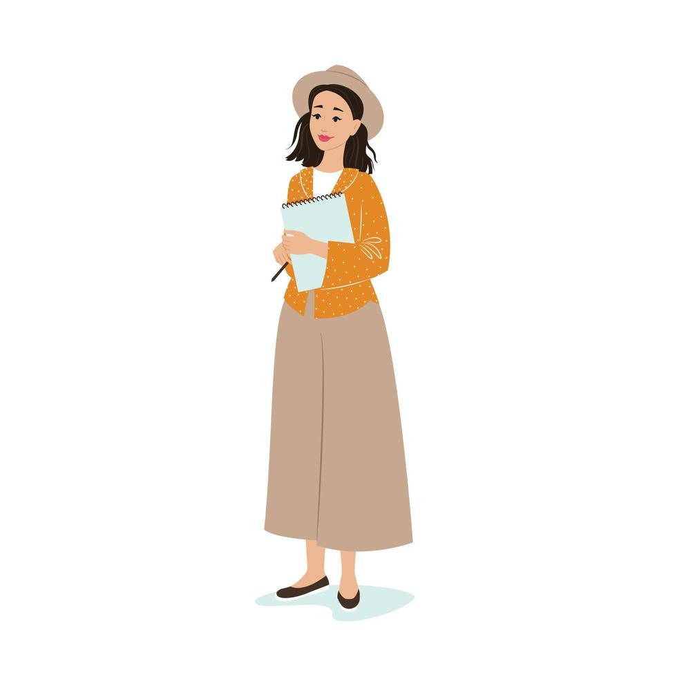 een meisje in een hoed en breed broek houdt een schetsboek en een potlood in haar handen. beroep artiest. vector illustratie