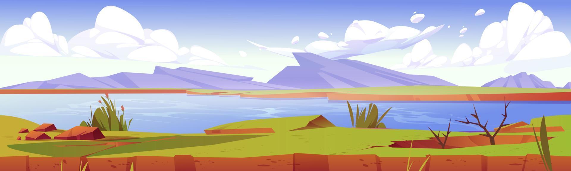 zomer natuur landschap, tekenfilm spel achtergrond vector