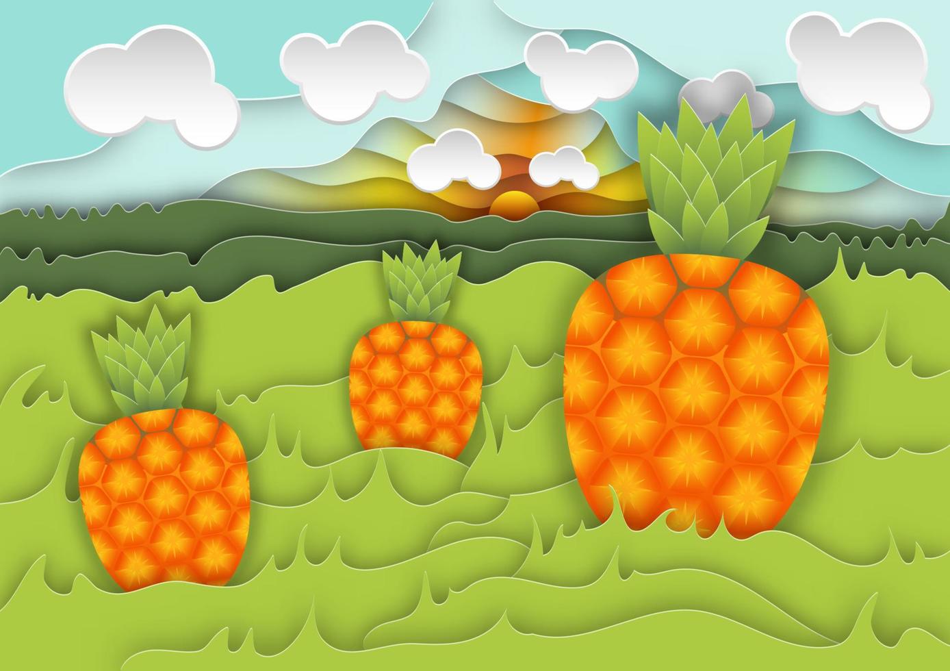 ananas Aan een groen weide, berg bereik, zon, lucht, en wolken, papier besnoeiing achtergrond vector. vector