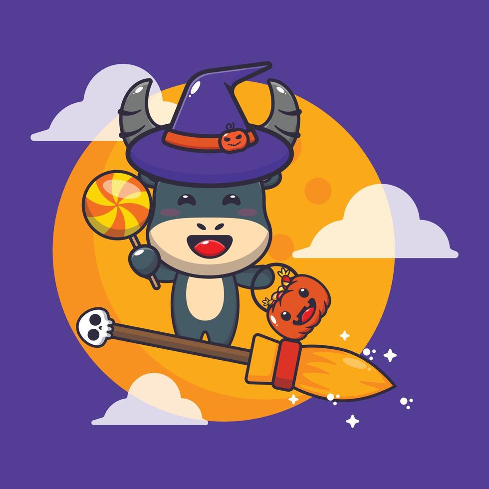 schattig heks buffel vlieg met bezem in halloween nacht. schattig halloween tekenfilm illustratie. vector