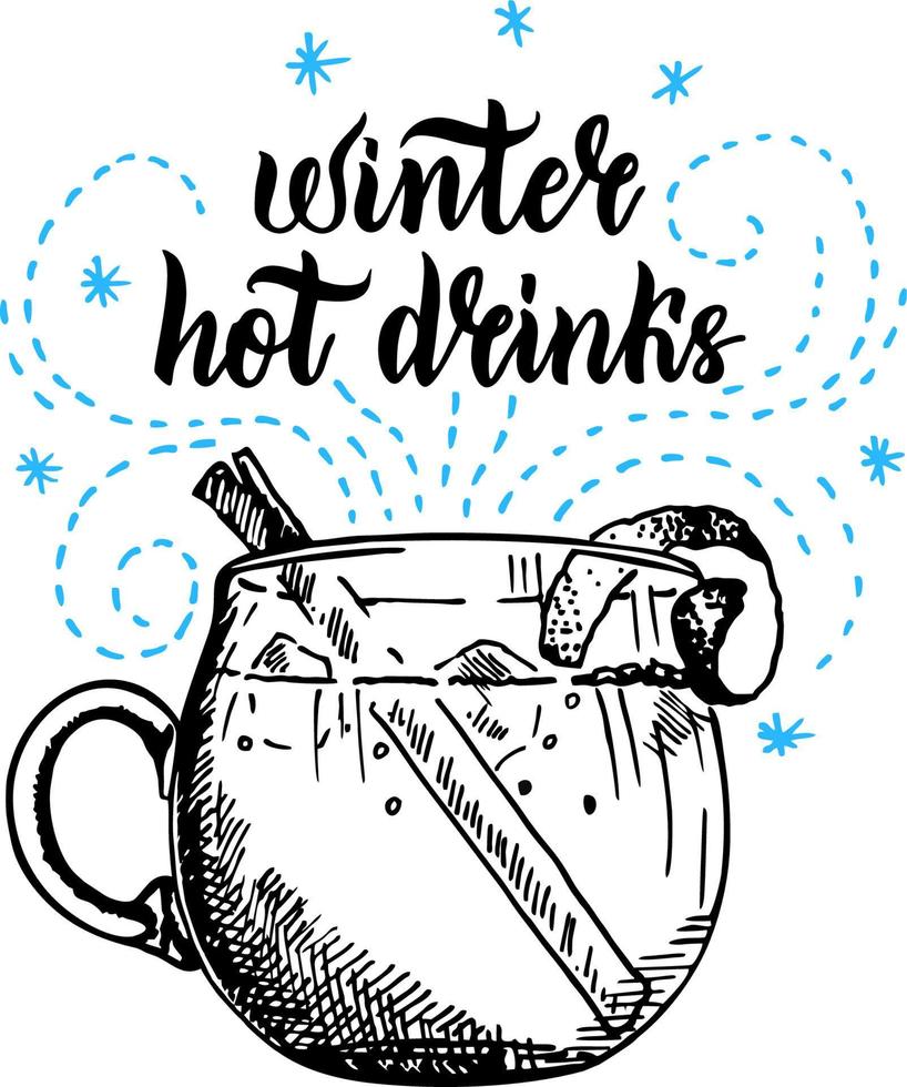 winter heet drankjes. seizoensgebonden vakantie dranken. grog, stompen, cider of overwogen wijn schetsen vector illustratie