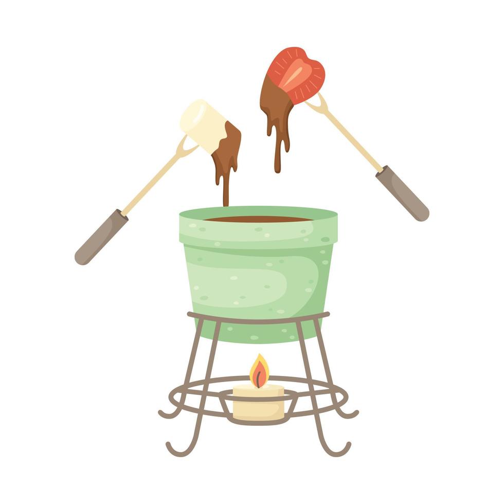 vector illustratie van chocola fondue met aardbeien en marshmallows.