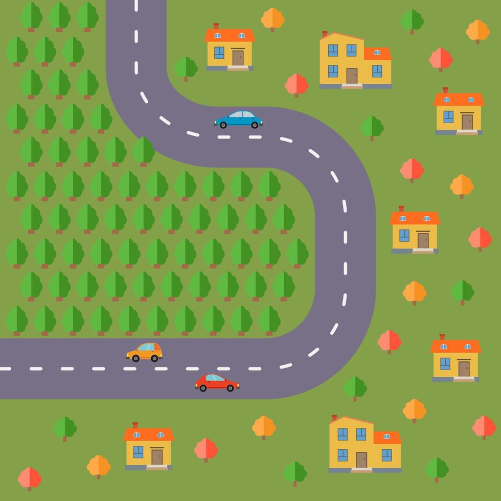 plan van dorp. landschap met de weg, Woud, auto's en huizen. vector illustratie