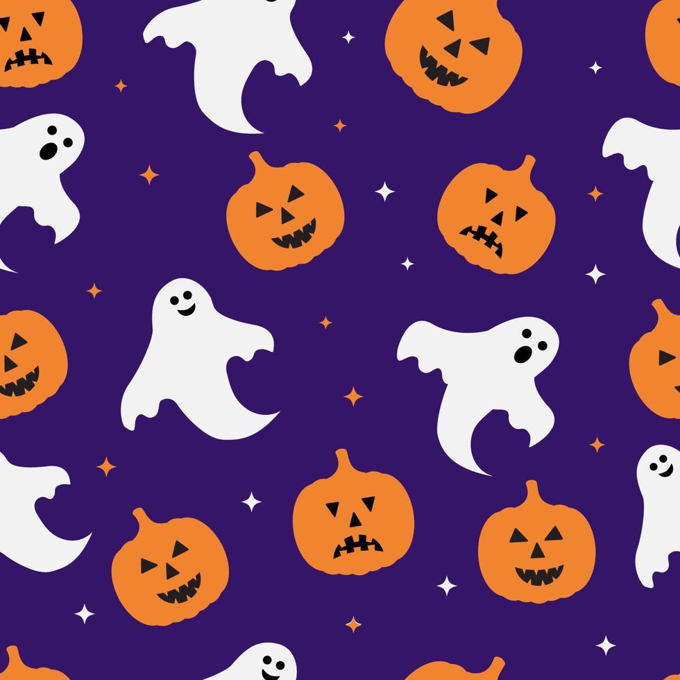 halloween naadloos patroon met schattig tekenfilm pompoenen en geesten Aan Purper achtergrond. vector sjabloon voor groet kaart, banier, poster, partij uitnodiging, kleding stof, textiel, omhulsel papier, enz