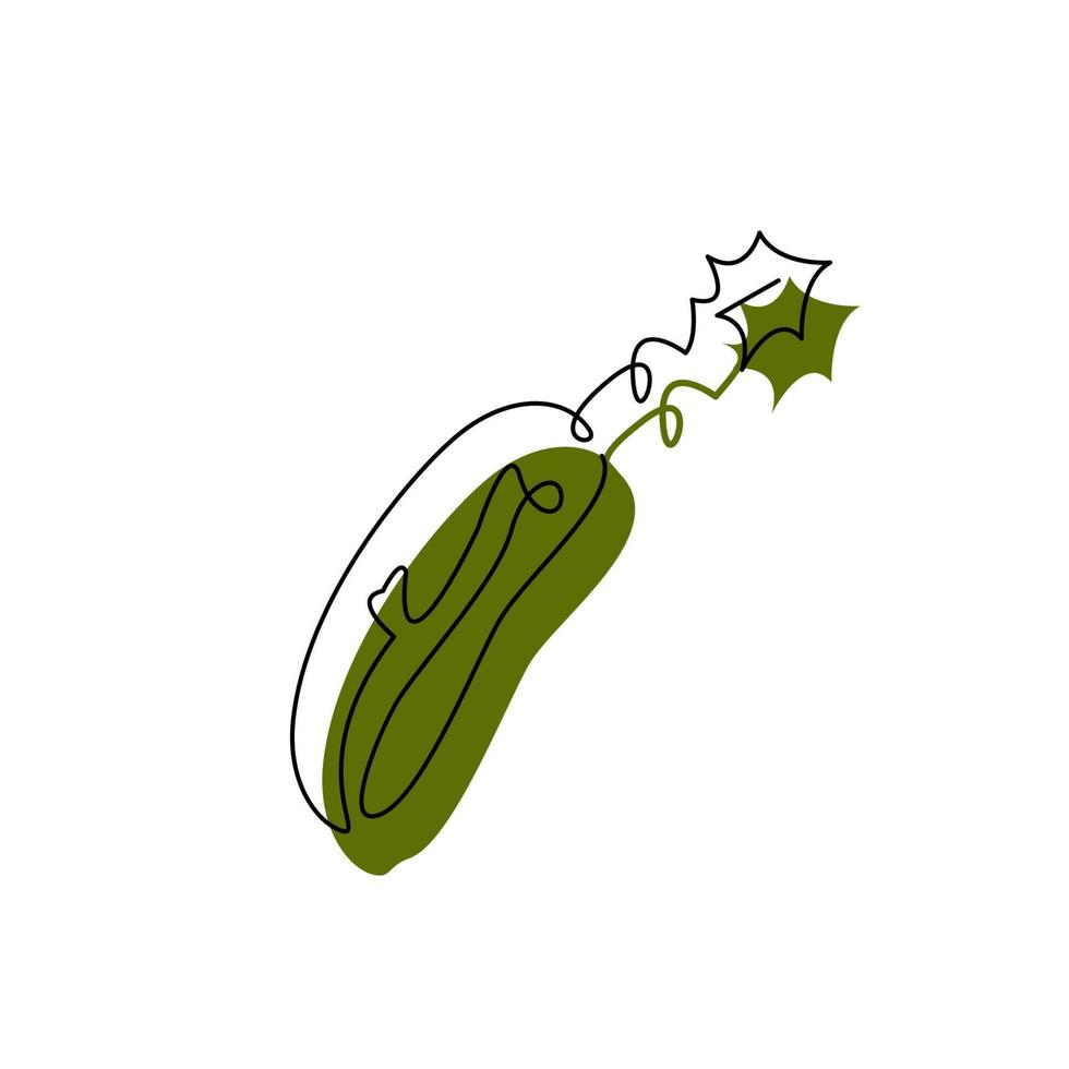 komkommer een lijn logo concept ontwerp. augurk in doorlopend lijn kunst tekening stijl. groente met contour en abstract groen gekleurde plek geïsoleerd Aan wit. minimalistische vlak vector illustratie